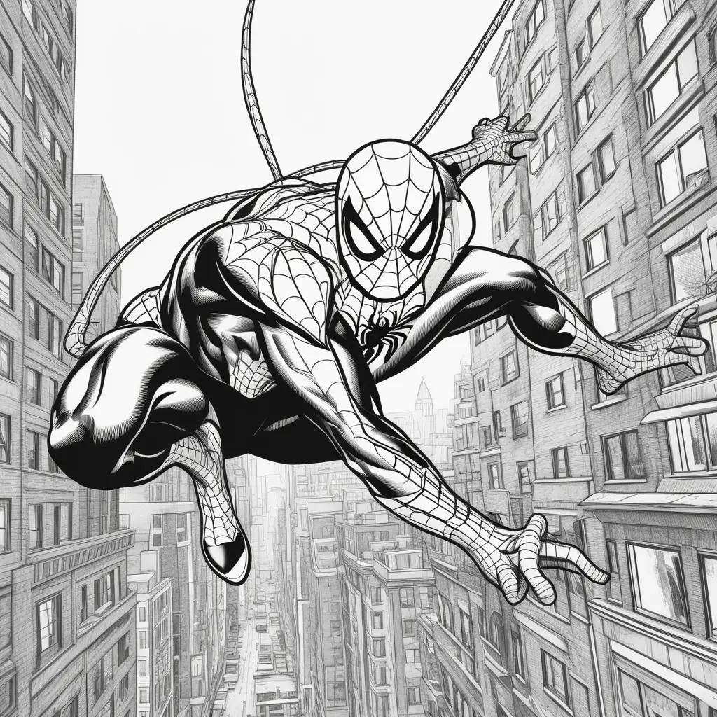 black and white drawing of a Spiderman coloring page