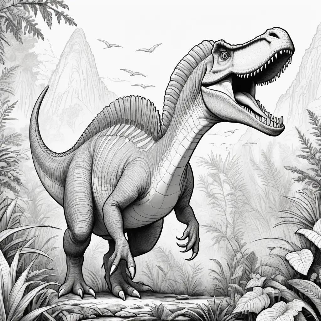 black and white drawing of a Spinosaurus dinosaur