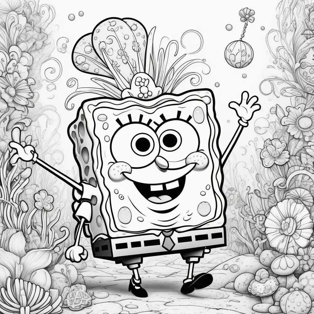 black and white drawing of a Spongebob in a flower garden