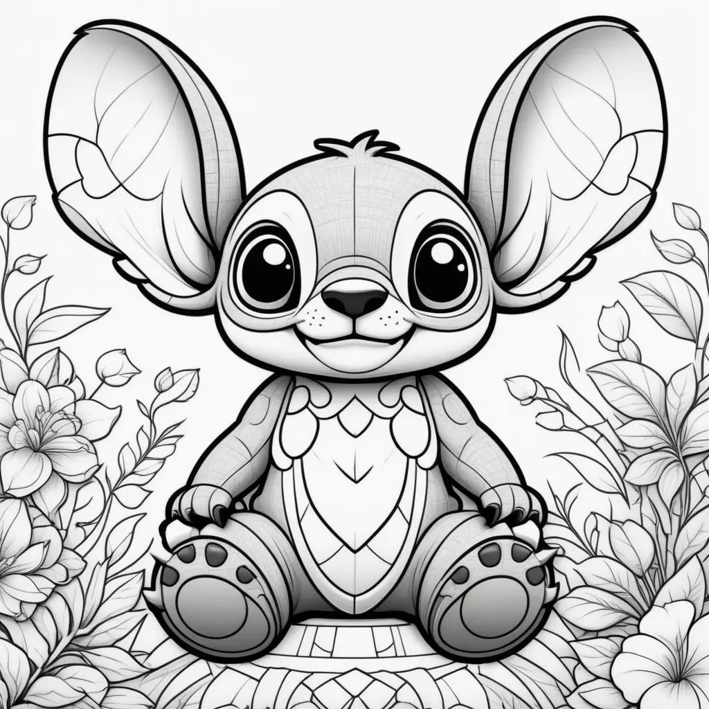 black and white drawing of a Stitch coloring page