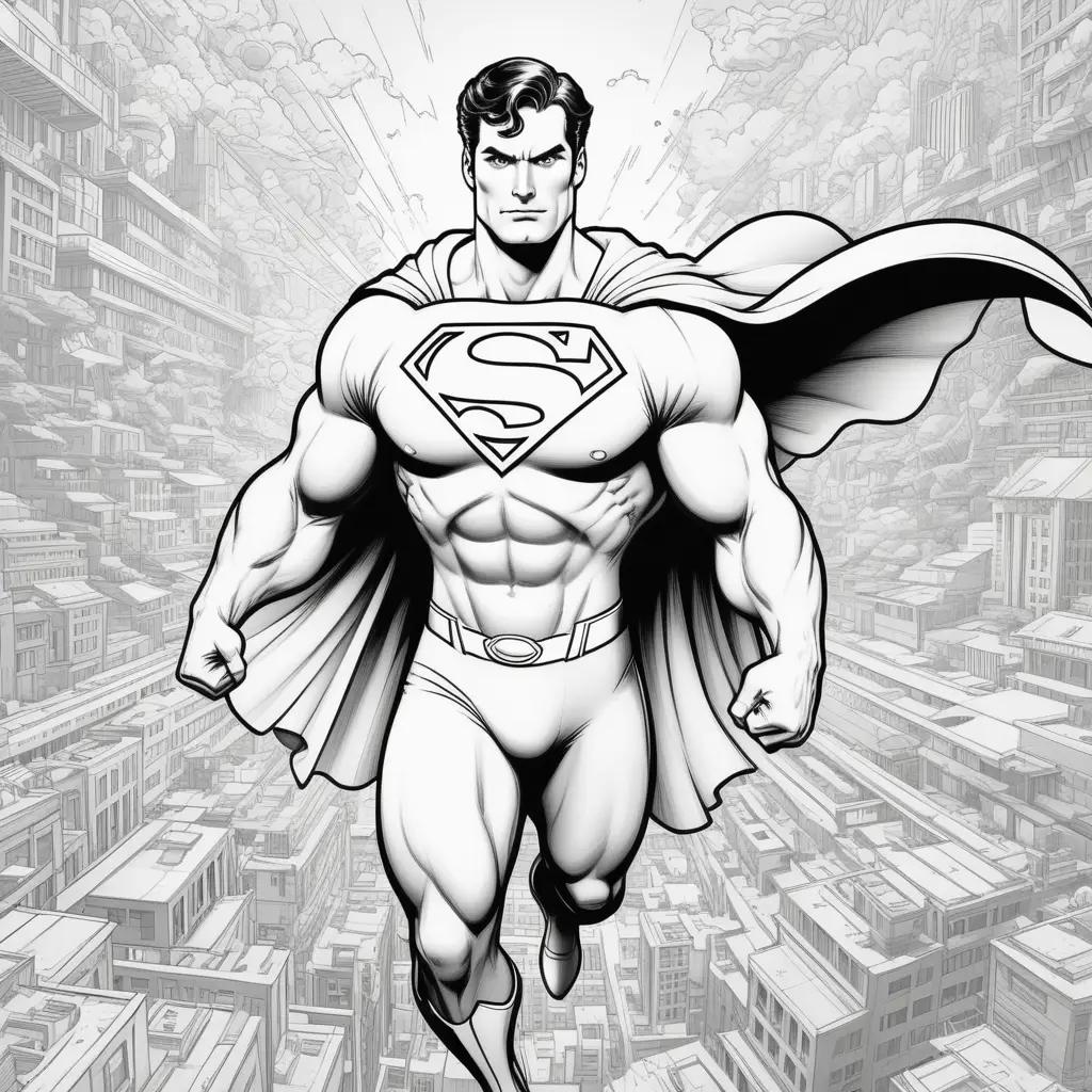 black and white drawing of a Superman in the clouds