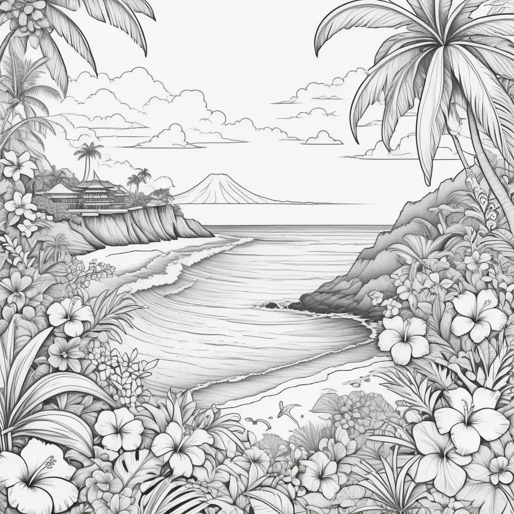 black and white drawing of a beach scene in Hawaii