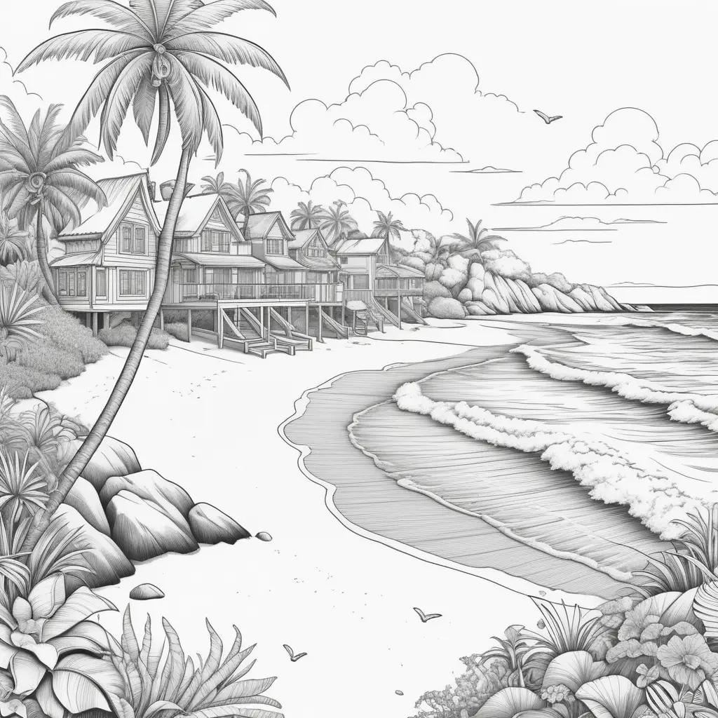 ヤシの木や家々のあるビーチシーンの白黒ドローイング
