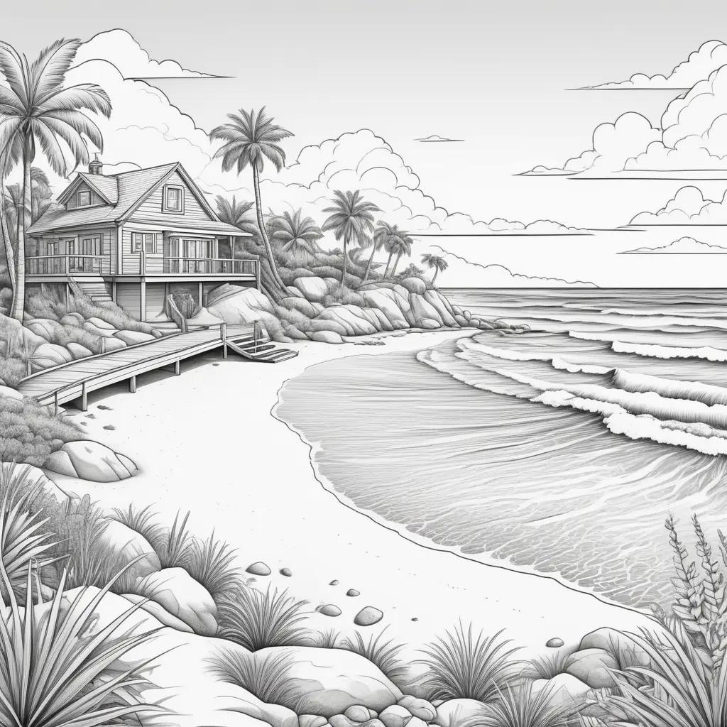 ヤシの木と家のあるビーチの白黒の絵