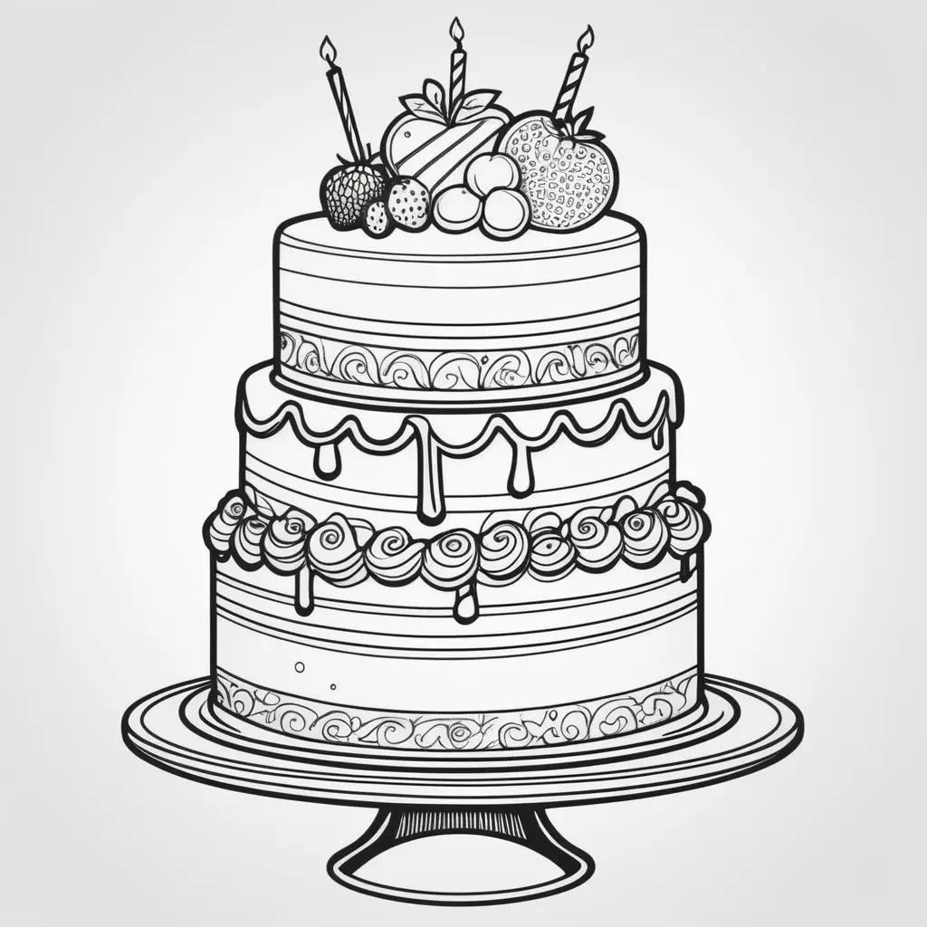 black and white drawing of a cake with fruit on top