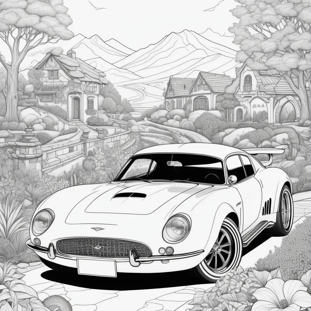 black and white drawing of a car and houses