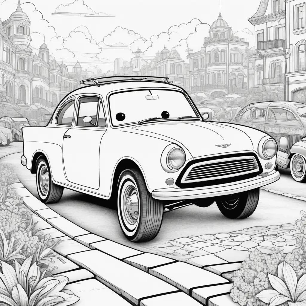 black and white drawing of a car in a cartoon city scene