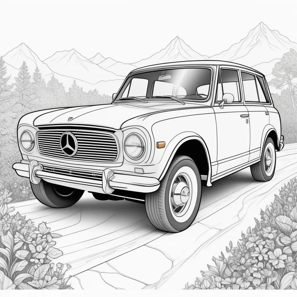 black and white drawing of a car in a forest