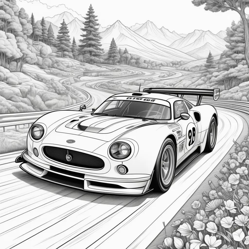 black and white drawing of a car race