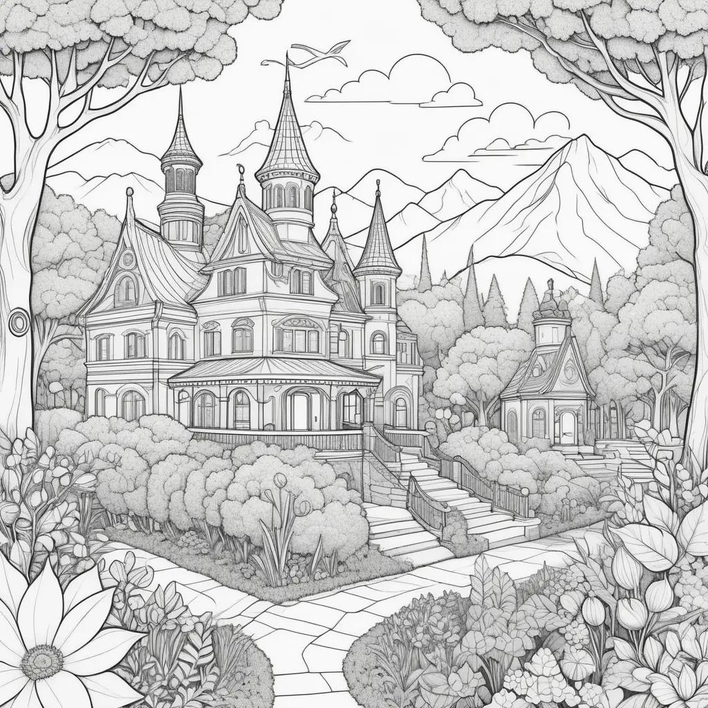 black and white drawing of a castle and trees