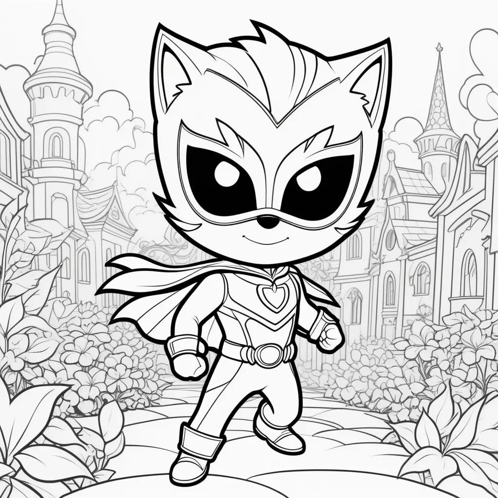 black and white drawing of a cat superhero in a pj mask coloring page