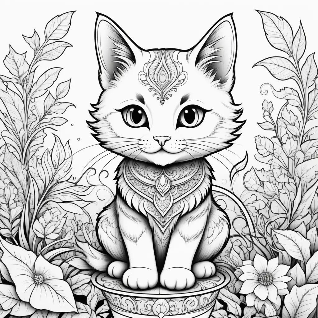 black and white drawing of a cat with a flower vase