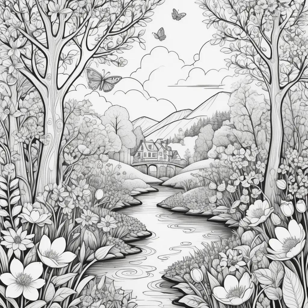 black and white drawing of a colorful spring scene