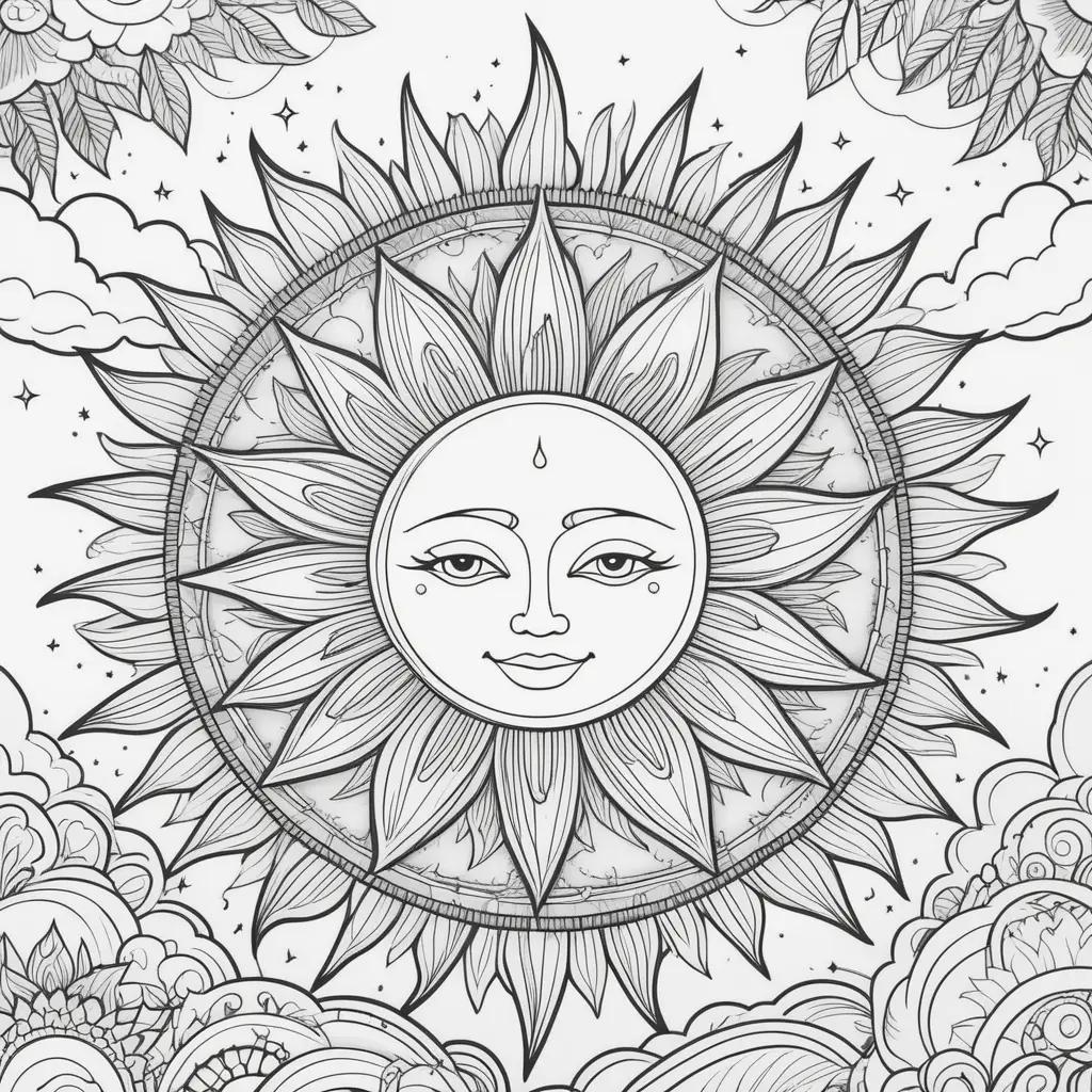 black and white drawing of a coloring page of the sun