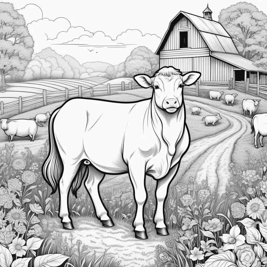 black and white drawing of a cow in a farm setting