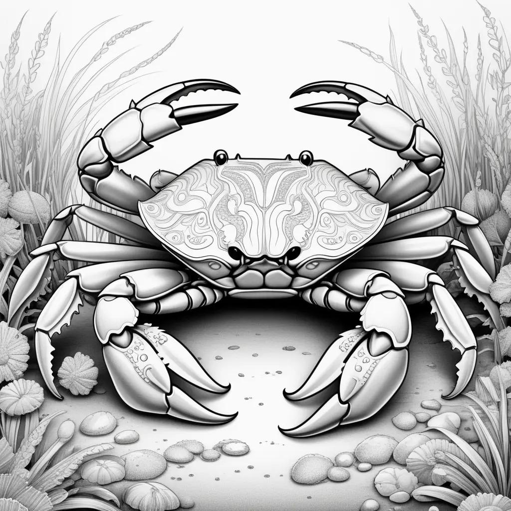 black and white drawing of a crab on a color page