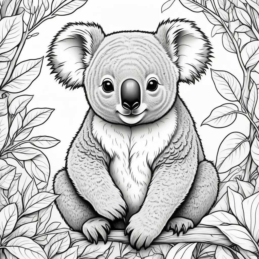 black and white drawing of a cute koala on a branch