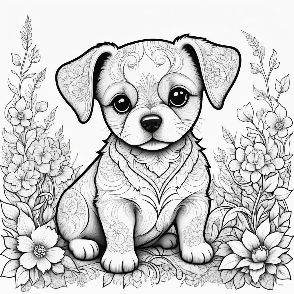 花の間に座っているかわいい子犬の白黒の絵