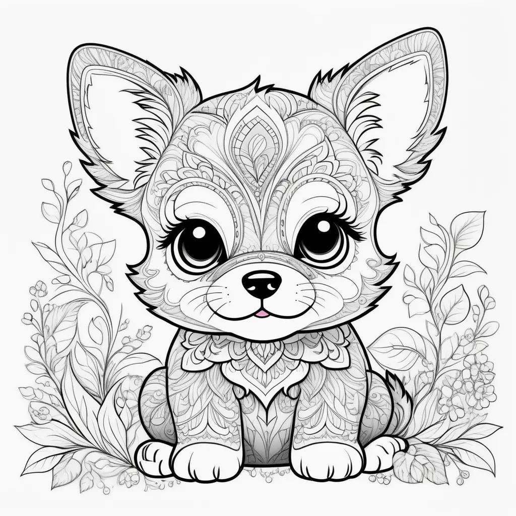 black and white drawing of a cute puppy with flowers in the background