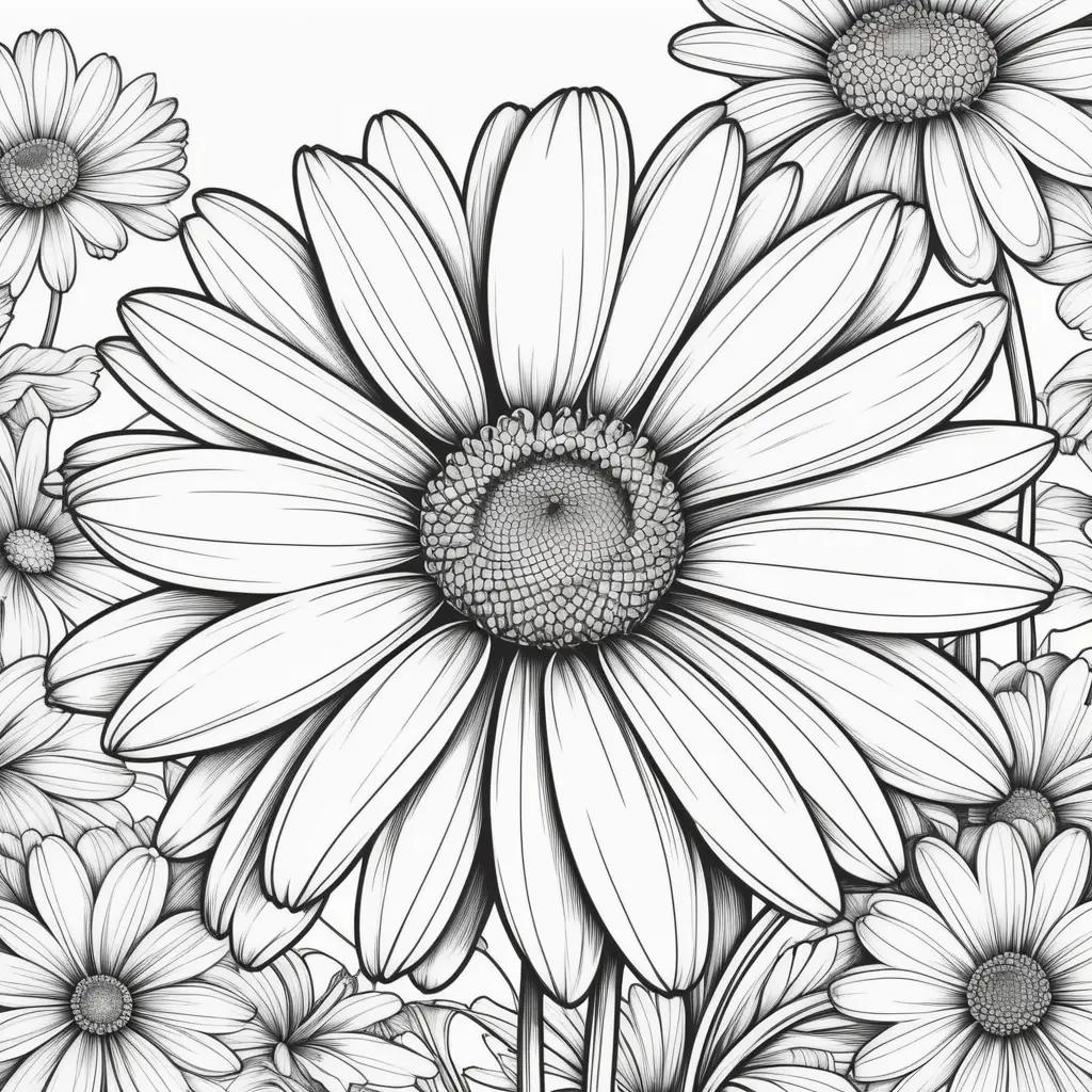 black and white drawing of a daisy with other daisies