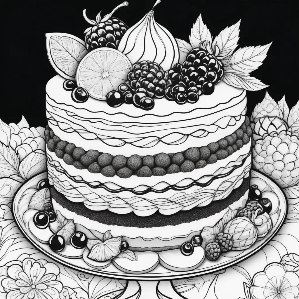 black and white drawing of a dessert with berries and fruits