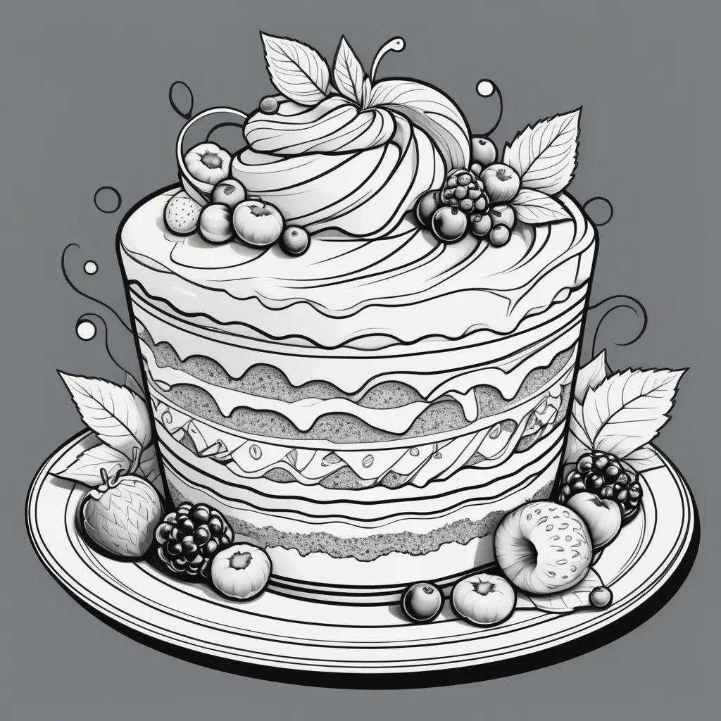 black and white drawing of a dessert with berries and leaves