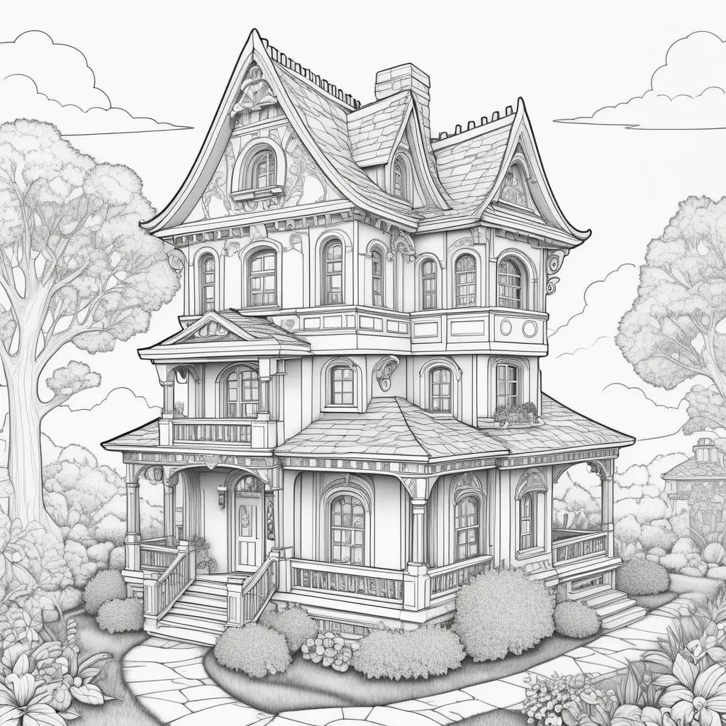 black and white drawing of a dollhouse with trees and bushes