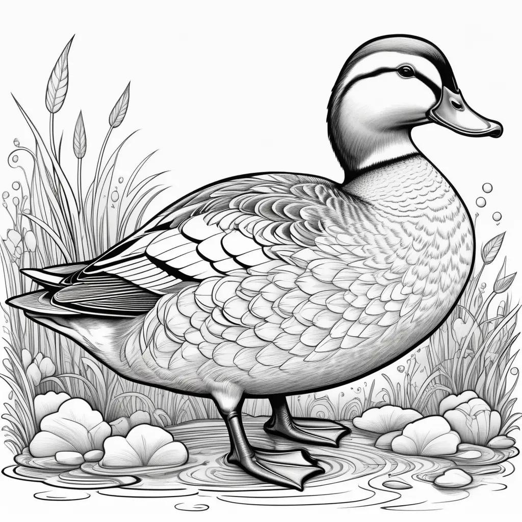 black and white drawing of a duck standing in the water