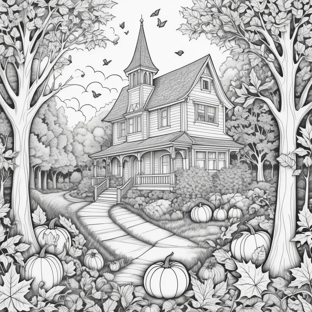 black and white drawing of a fall-themed house and pumpkins