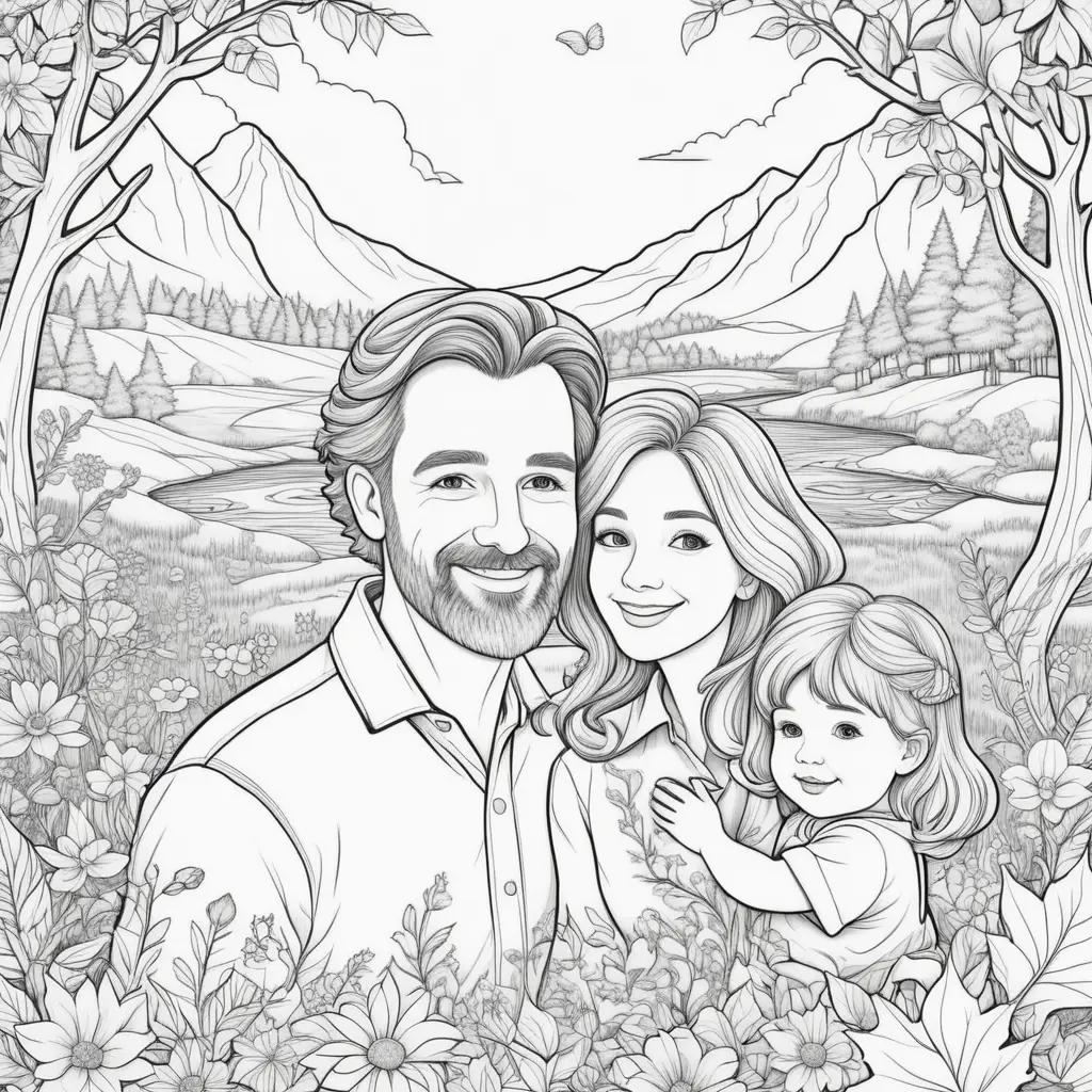 black and white drawing of a family on a mountain