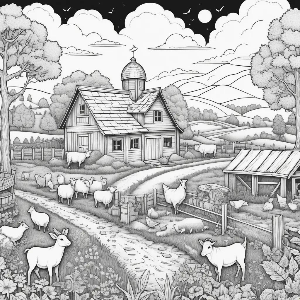 羊と牛のいる農場の白黒画