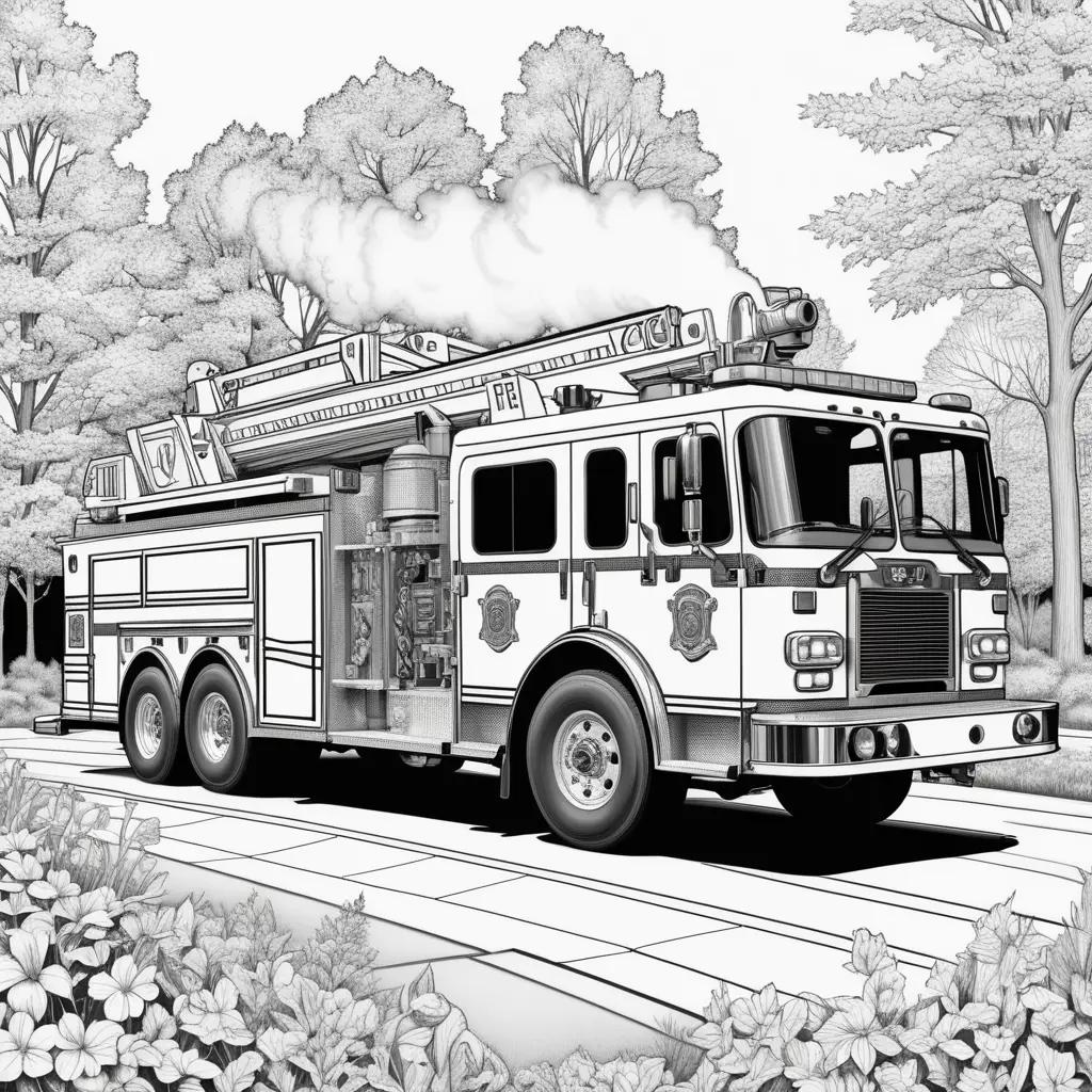 black and white drawing of a fire truck