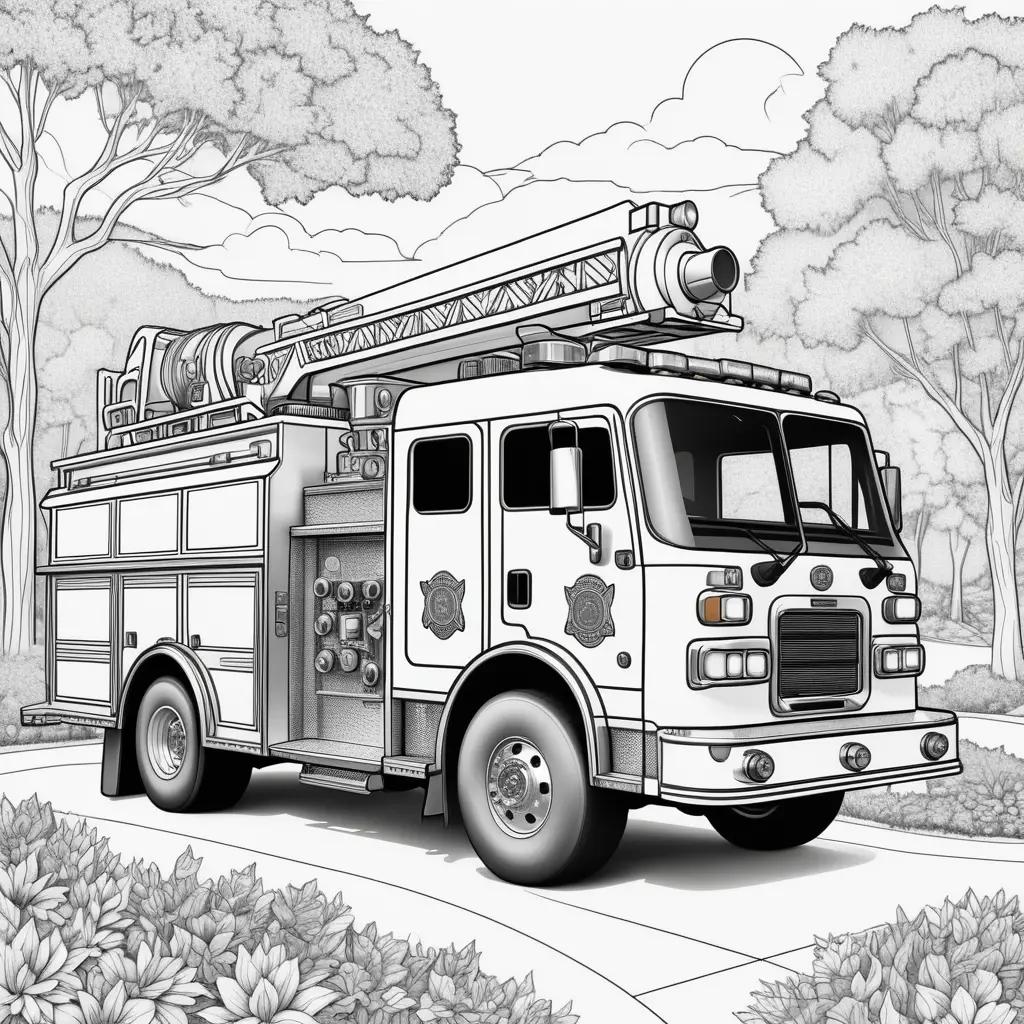 black and white drawing of a fire truck on a sidewalk