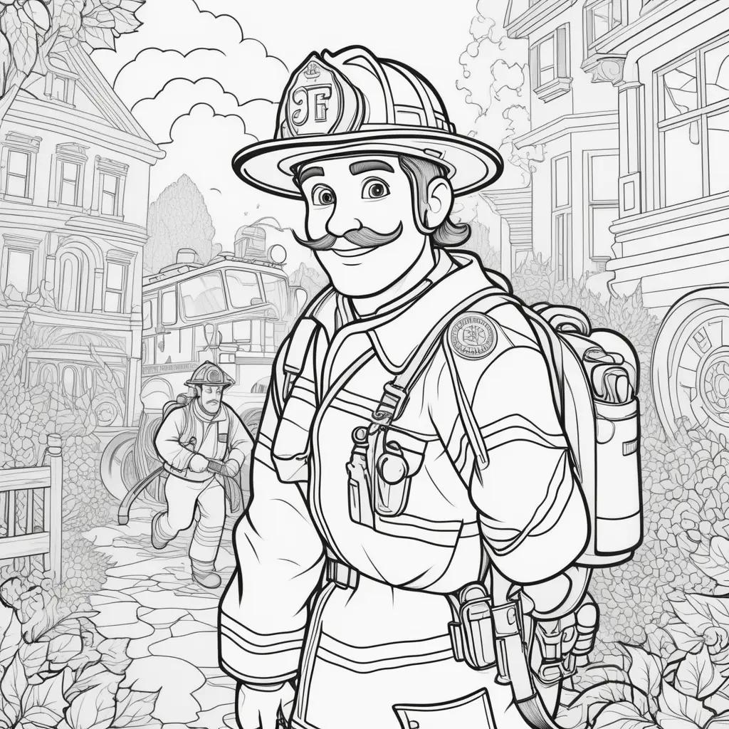 black and white drawing of a firefighter with a hose and hat