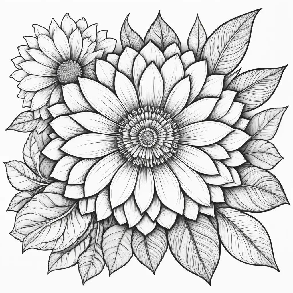 black and white drawing of a flower and leaves