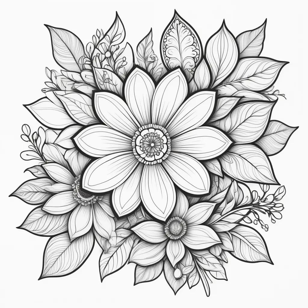 black and white drawing of a flower and leaves