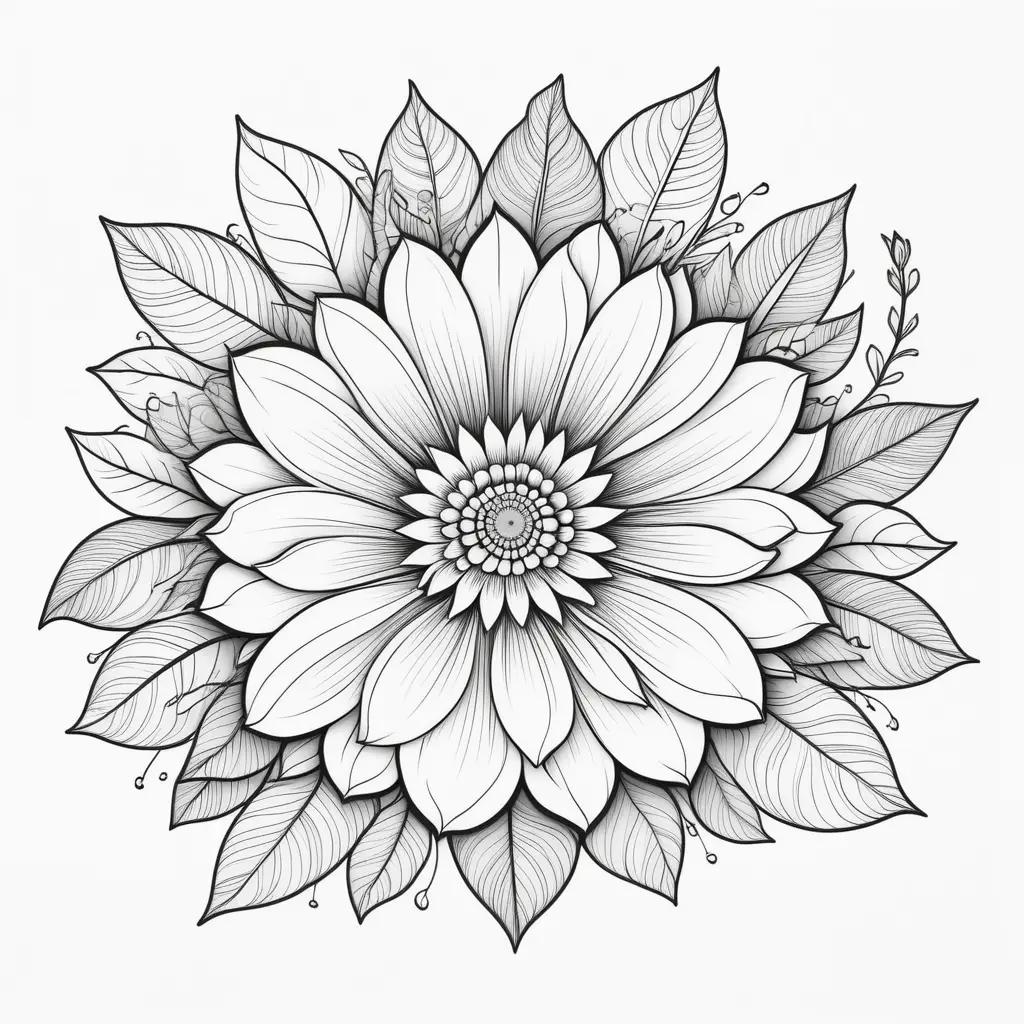 black and white drawing of a flower and leaves