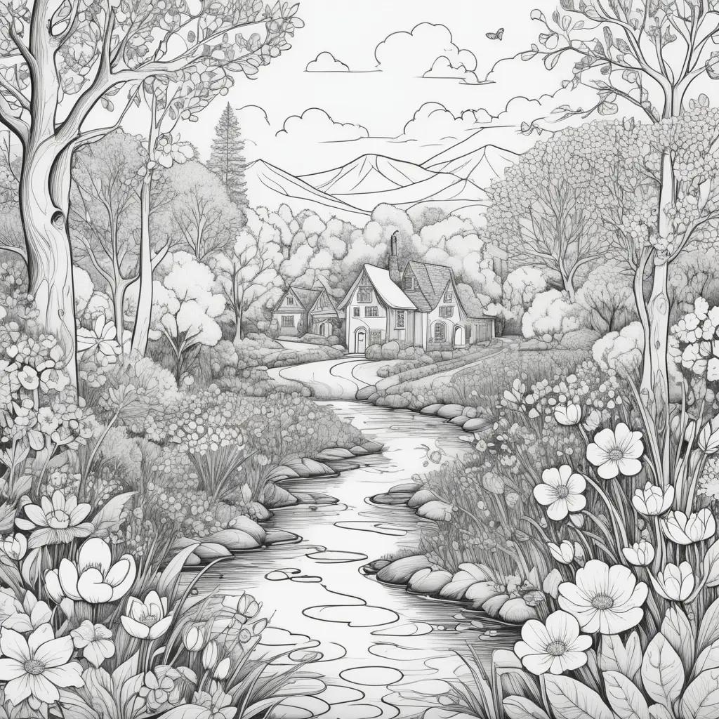 black and white drawing of a flower-filled forest and a small cottage