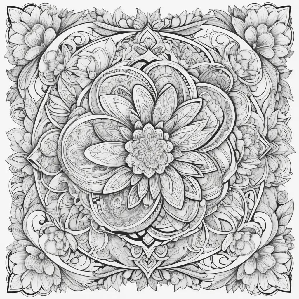 black and white drawing of a flower surrounded by other flowers and leaves