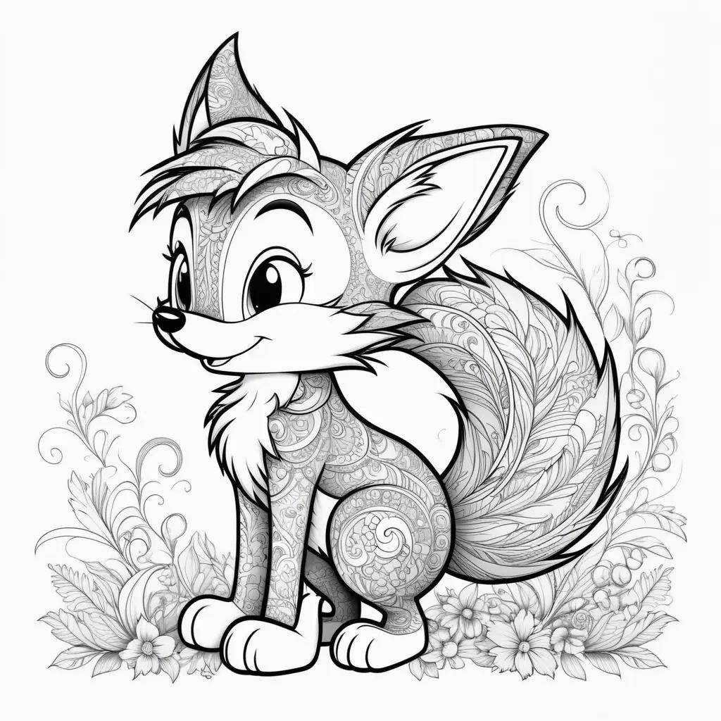 black and white drawing of a fox with a tail