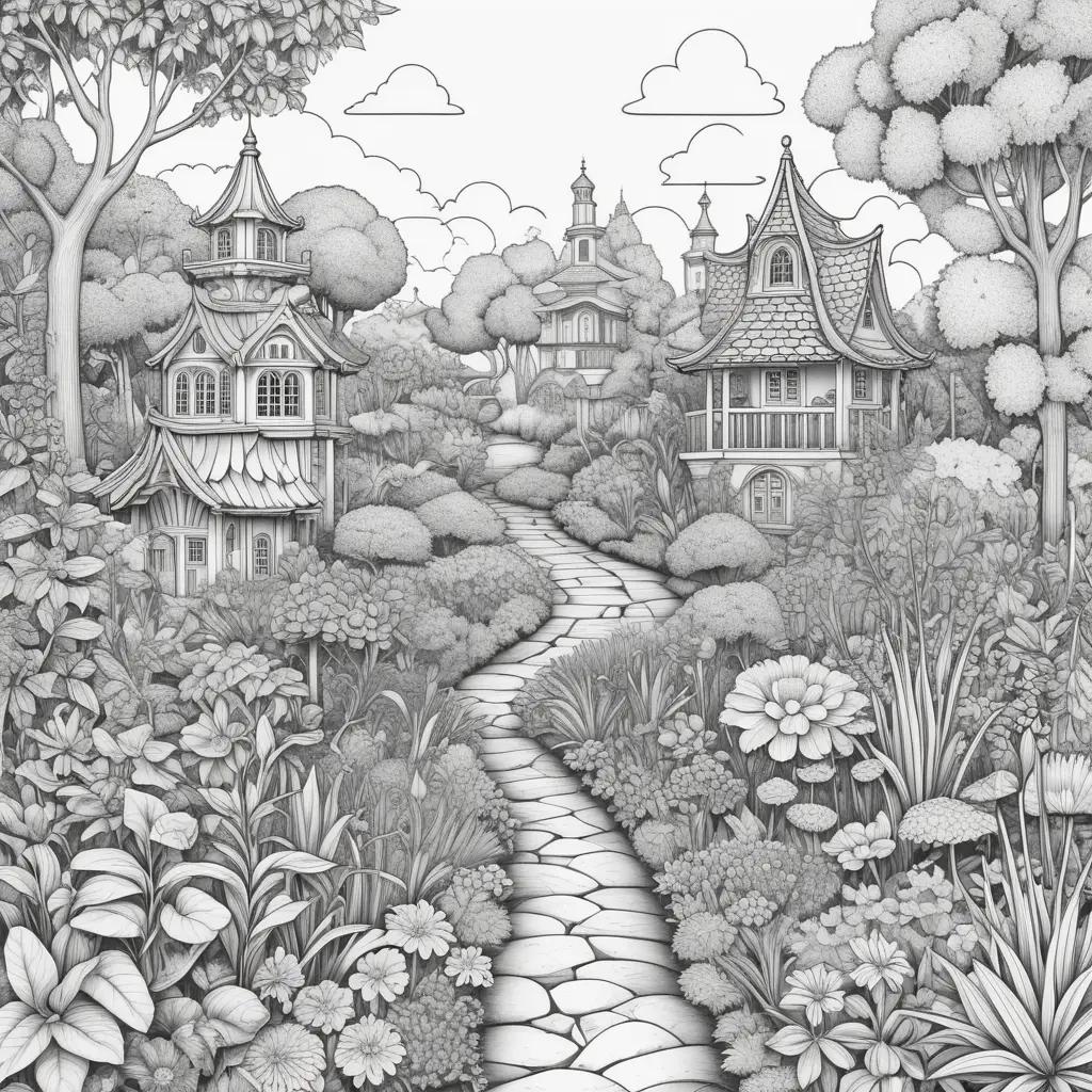 black and white drawing of a garden of banban coloring pages