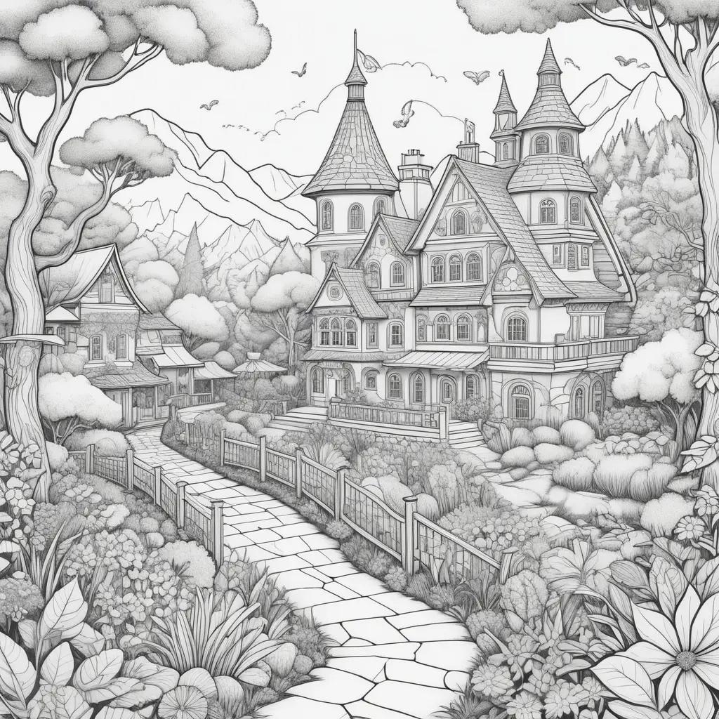 black and white drawing of a garden with trees and flowers