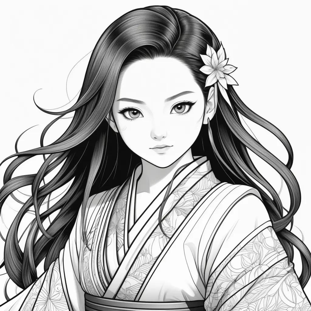 black and white drawing of a girl in a kimono