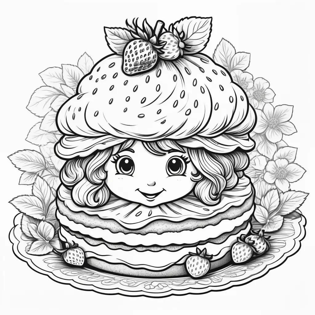 black and white drawing of a girl with a strawberry shortcake on a plate