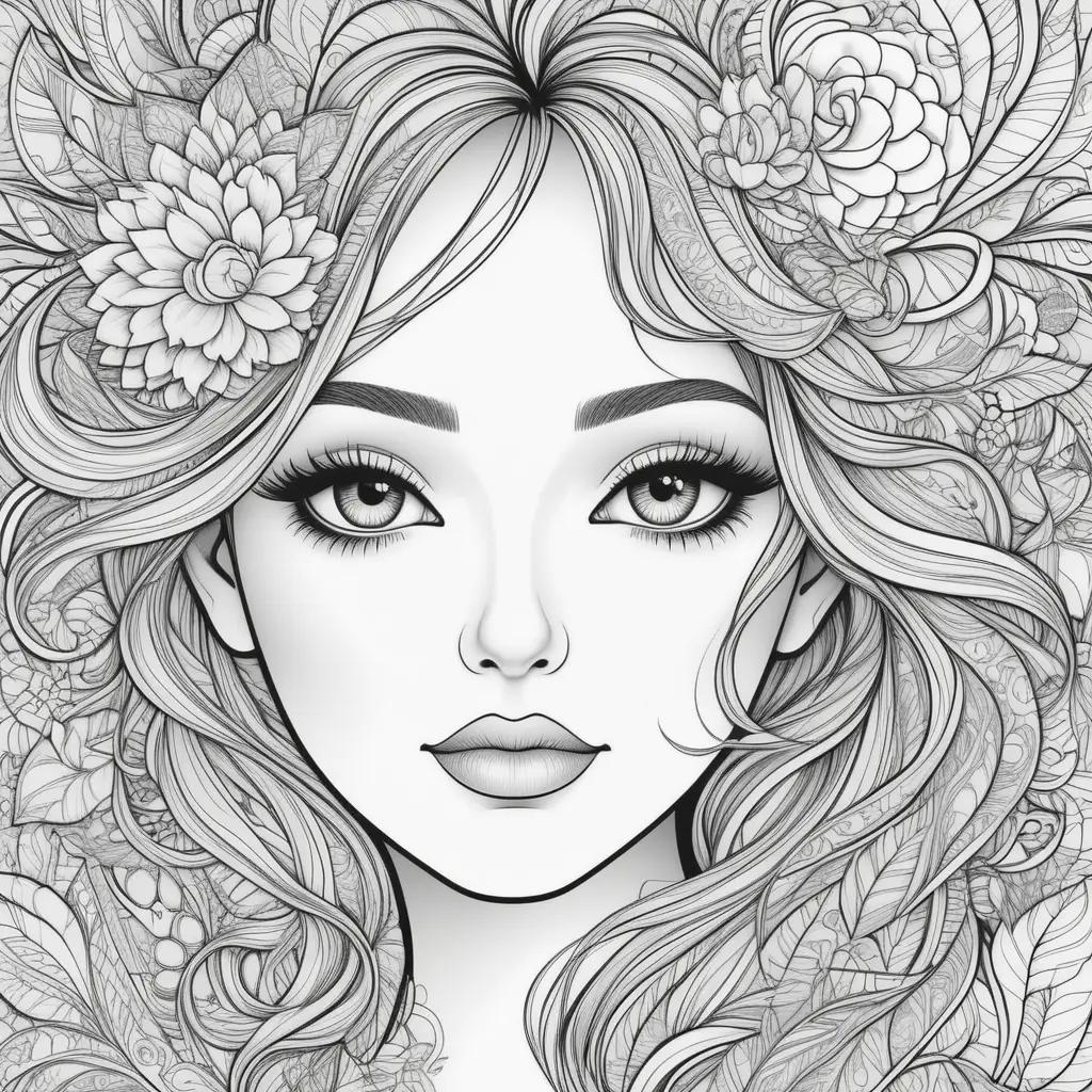 black and white drawing of a girls face with flowers in her hair