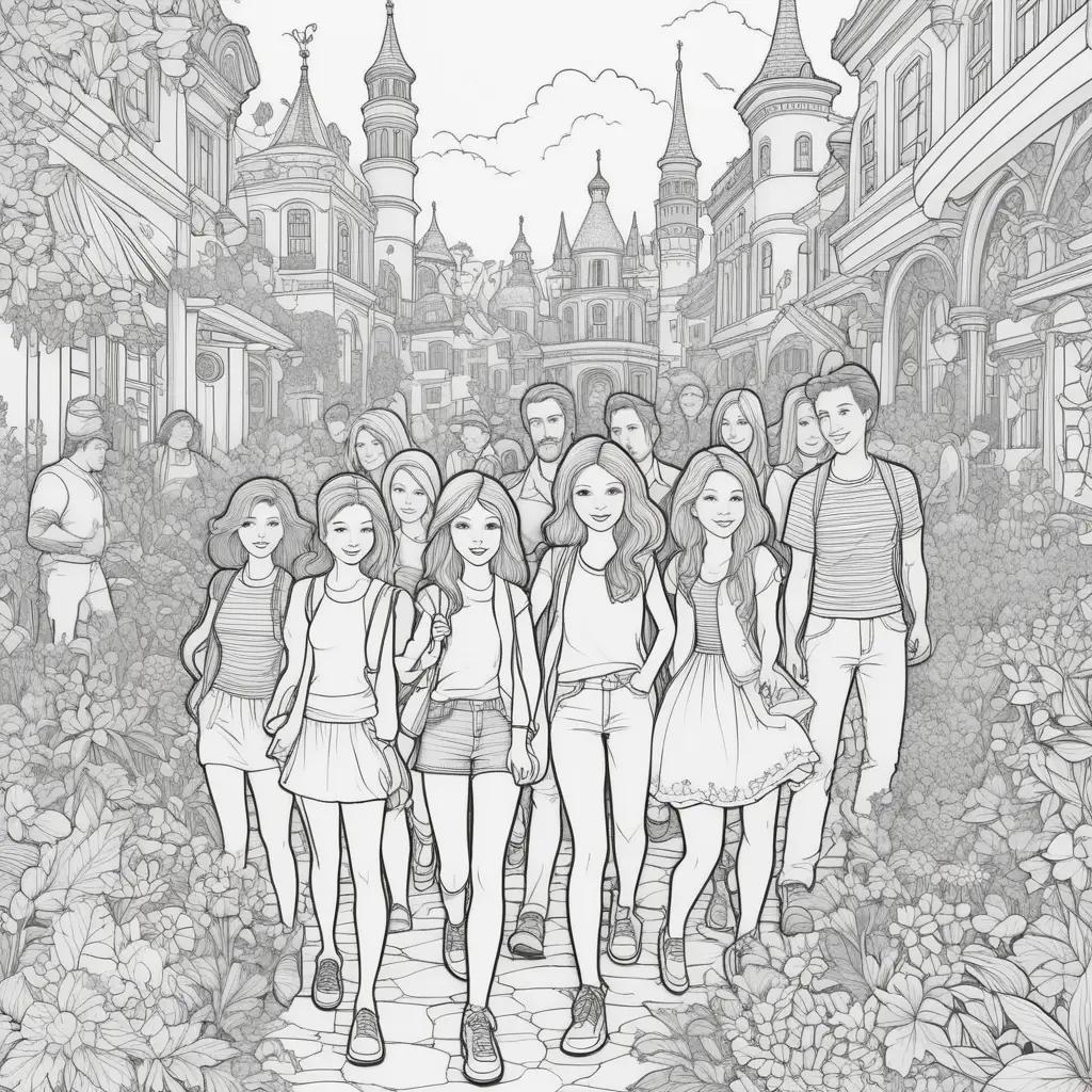 black and white drawing of a group of people walking through a city