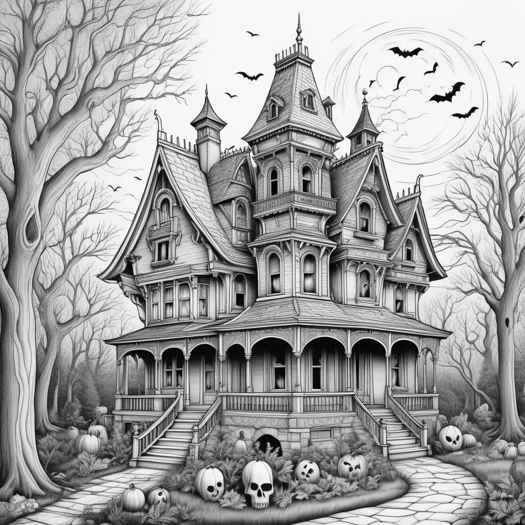 black and white drawing of a haunted house with skulls and bats