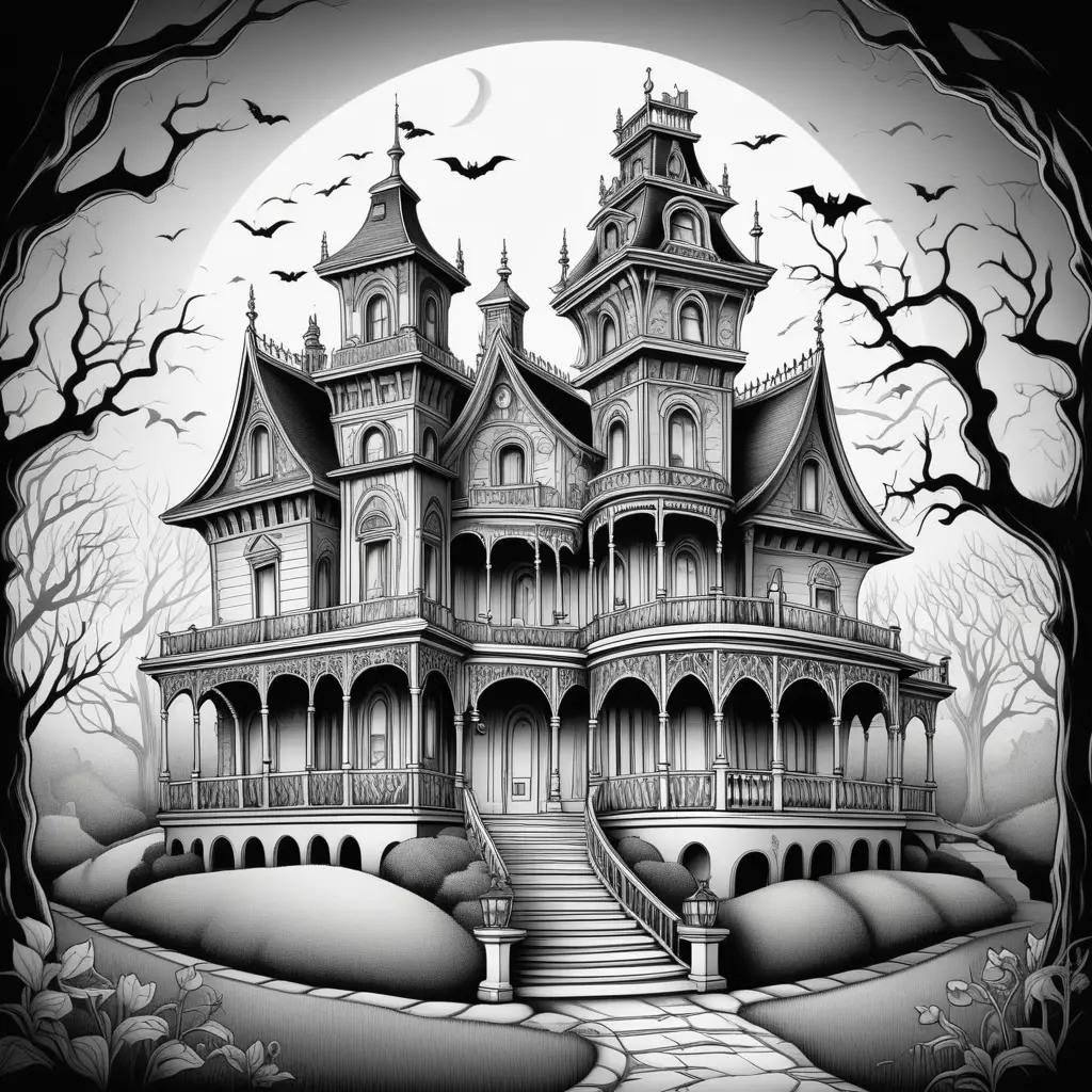 black and white drawing of a haunted mansion with bats