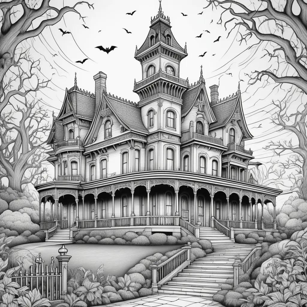 black and white drawing of a haunted mansion with bats flying in the air