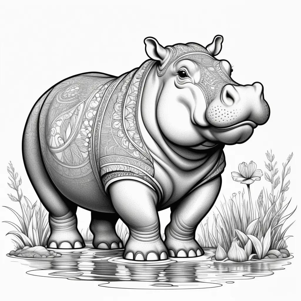 black and white drawing of a hippo coloring pages